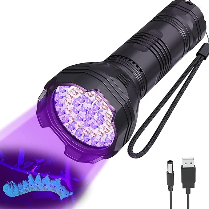 UV Blacklight Flashlights Rechargeable 365nm + 395nm 51 LEDs, Black Light for Pet Urine Detection Cat Dogs, Ultraviolet Flashlight for Resin Scorpion Bed Bugs Handheld Black Light Battery Built-in