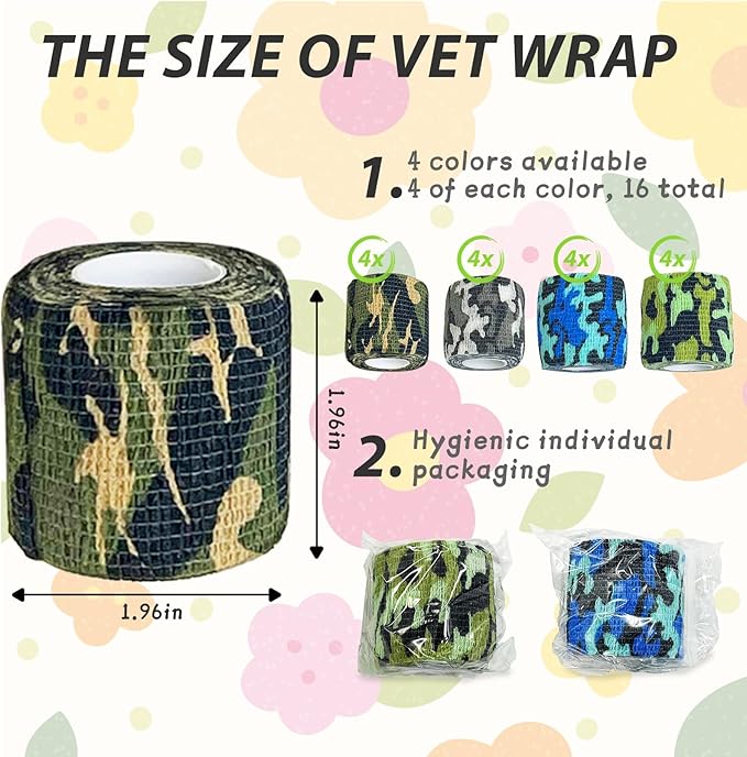 kathson 16PCS Vet Wrap Tape Veterinarian Self Adhesive No Chew Bandage Wound Dressing Medical Bandage Gauze for Animals Pets Dogs Cats Horses Ear Feet Paw Tail Injury(Black，Brown，Green，Jungle Color）