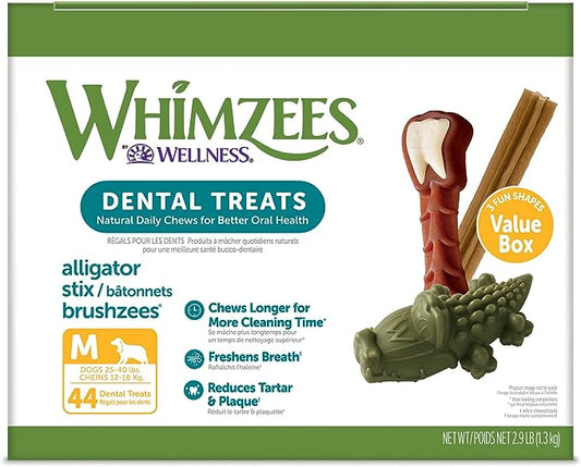 WHIMZEES by Wellness Value Box Natural Dental Chews for Dogs – Clean Teeth, Freshen Breath, Reduce Plaque & Tartar, Medium Breed 44 Count