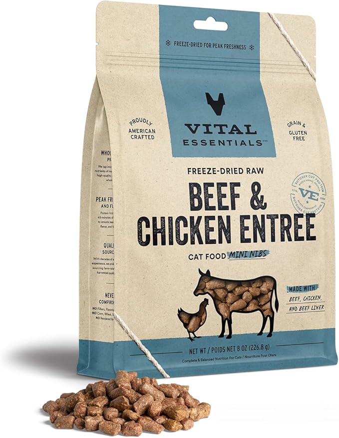 Vital Essentials Freeze Dried Raw Cat Food, Beef & Chicken Mini Nibs Entree, 8 oz