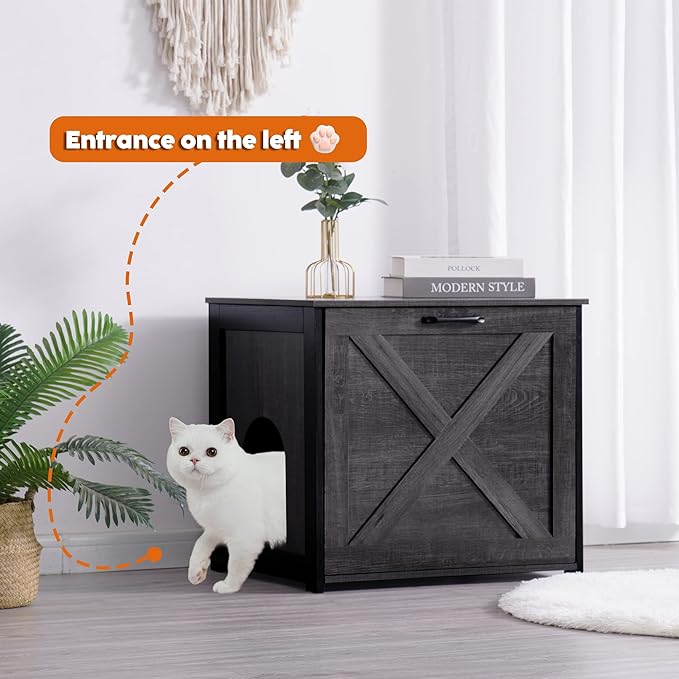 Dwanton Cat Litter Box Furniture Hidden, Cat Litter Box Enclosure, Reversible Entrance Can Be on Left or Right Side, Indoor Cat Box Cabinet, Wooden Cat Washroom, End Table, Nightstand, Dark Gray