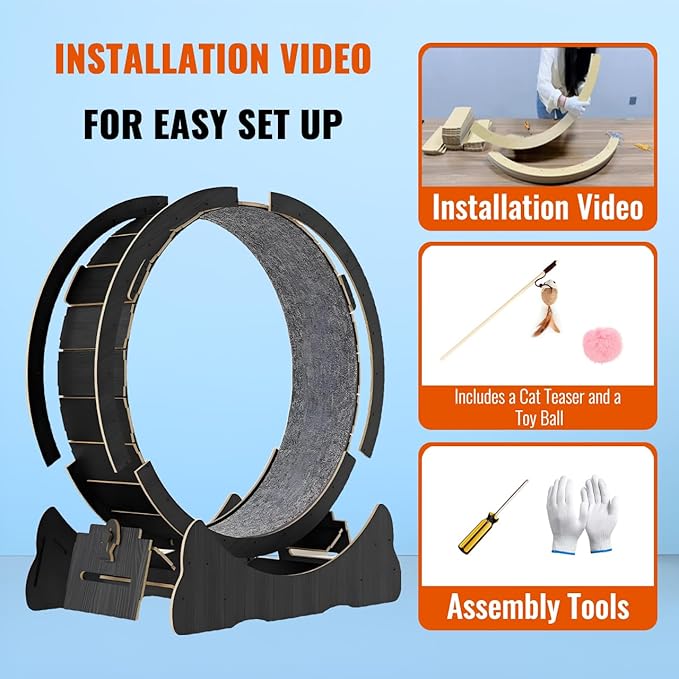 Cat Wheels for Indoor Cats. Extra Large Diameter Cat Treadmill. Made of Natural Solid Wood. Inside Diameter 40in/100cm. Including Installation Tools and Cat Teaser. (Black)