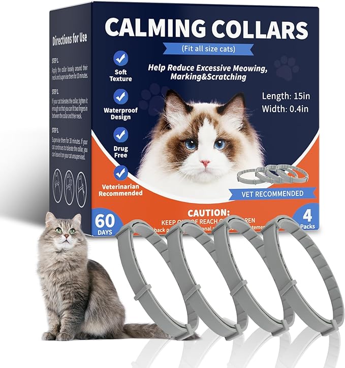 Calming Collar for Cats, Cat Calming Collar 4 Packs, Pheromone Collar for Cats, Cat Anxiety Relief for 60 Days, Calming Cat Collar Breakaway Design Fits Most Cats -15 Inches