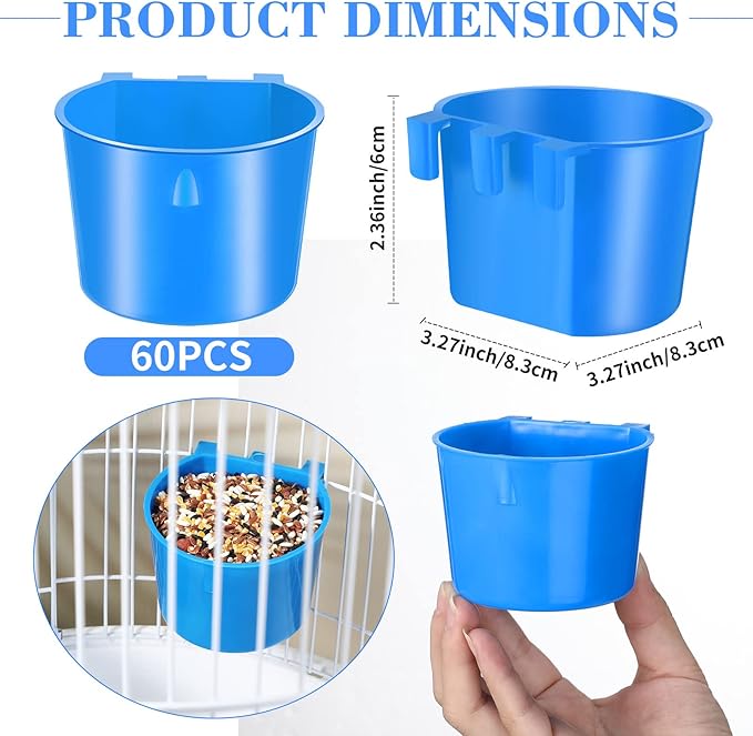 60 Pieces Cage Cups Birds Hanging Feeders Seed Bowl 8 oz Plastic Chicken Feeder Water Bowl Hanging Chicken Waterer Chicken Feeding Watering Dish Coop Cups for Gamefowl Parrot Parakeet (Blue)