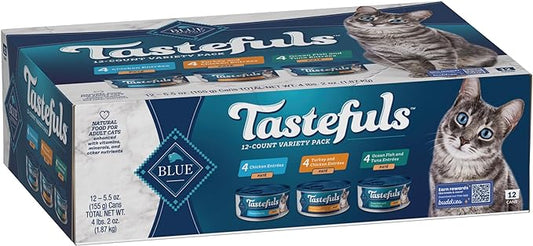 Blue Buffalo Tastefuls Wet Cat Food Paté Variety Pack, Made with Natural Ingredients | Chicken, Turkey & Chicken, and Ocean Fish & Tuna Entrées, 5.5-oz. Cans (12 Count, 4 of Each)