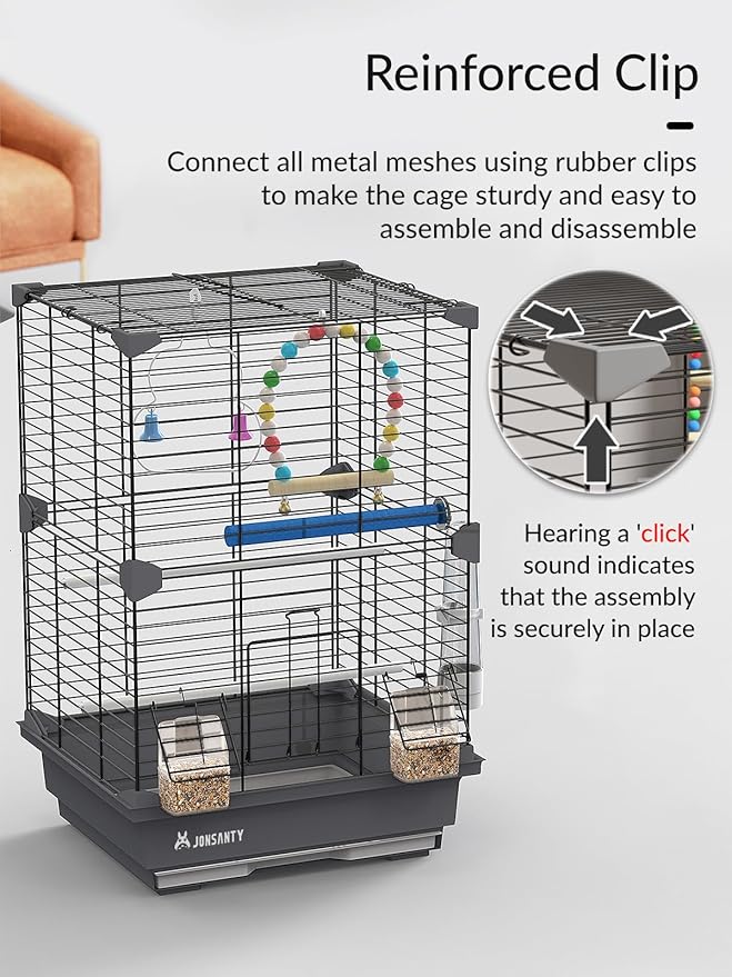 17 Inch Small Square Metal Pet Bird Cage, Parrot Cage, Bird Carrier Travel Cage, with Bird Standing Stick, Swing, Water Feeder, Easy to Clean, for Budgies, Zebra Finches and Other Small Birds