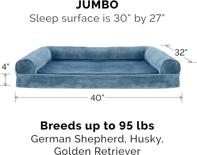 Furhaven Orthopedic Dog Bed for Large Dogs w/ Removable Bolsters & Washable Cover, For Dogs Up to 95 lbs - Faux Fur & Velvet Sofa - Harbor Blue, Jumbo/XL