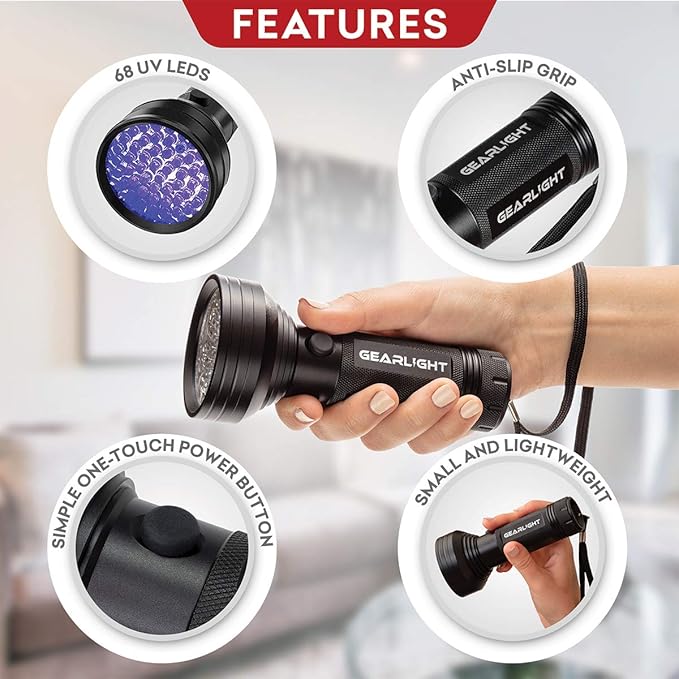 GearLight UV Flashlight Black Light from 68 LED Blacklight Flashlight Dog/Cat Pet Urine Detector, Scorpion, Bed Bug, Resin Curing, Dog Stain, and Carpet Odor Eliminator Remover, ID Checking_XR68