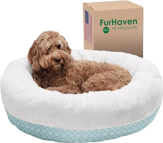 Furhaven 36" Round Donut Dog Bed for Large/Medium Dogs, Refillable w/ Removable Washable Cover, For Dogs Up to 75 lbs - Plush & Diamond Print Donut Bed - Aqua, Large