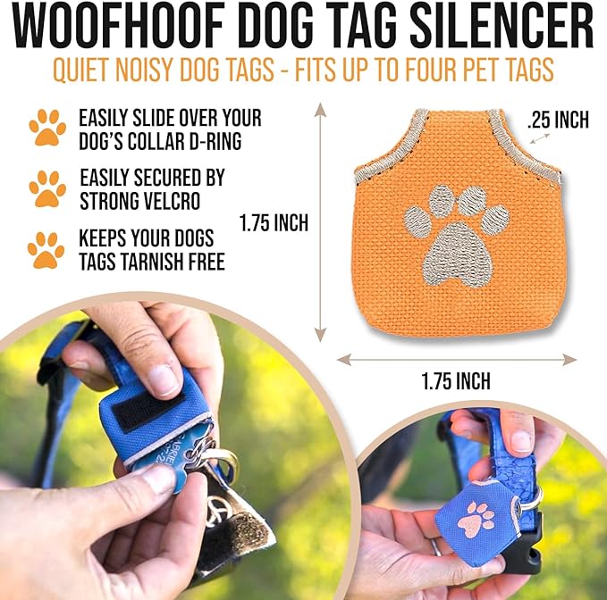 Dog Tag Silencer, Orange Pawprint - Quiet Noisy Pet Tags - Fits Up to Four Pet IDs - Dog Tag Cover Protects Metal Pet IDs, Made of Durable Nylon, Universal Fit, Machine Washable