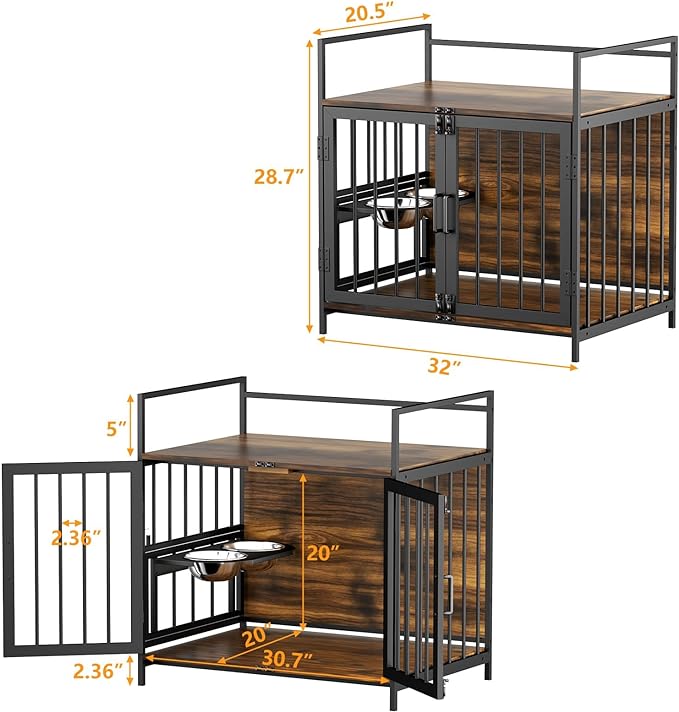 ROOMTEC Dog Crate Furniture-Style Cages for Small Dogs Indoor Heavy Duty Super Sturdy Dog Kennels with 2 Stainless Steel Bowls (32Inch = Int.dims: 30.7" W x 20" D x 20" H)