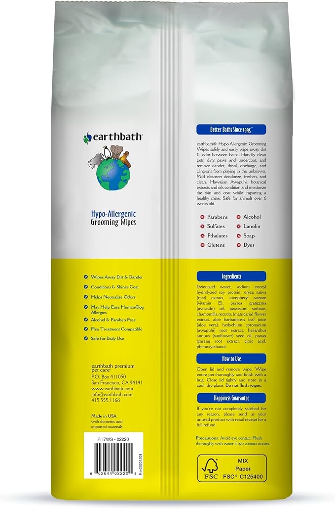 earthbath, Hypo-Allergenic Grooming Wipes - Fragrance Free Dog Wipes for Paws and Butt, Best Pet Wipes for Dogs with Sensitive Skin, Made in USA, Cruelty-Free Dog Cleaning Wipes - 100 Count (2 Pack)