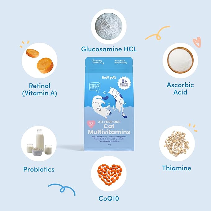 8 in 1 Cat Multivitamin Treats - 160 Chews - Vitamin Supplement Treats with Probiotics for Comprehensive Feline Health - Formulated with Alaskan Salmon Oil, Glucosamine, and CoQ10