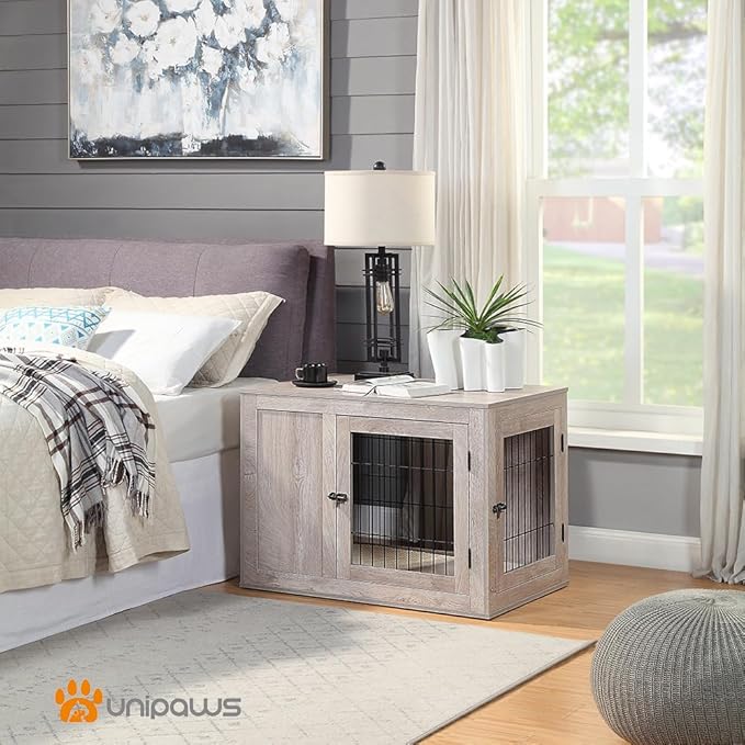 unipaws Furniture Style Dog Crate for Medium Dogs, Indoor Aesthetic Puppy Kennel with Door, Modern Decorative Wood Wire Pet House Dog Cage, Pretty Cute End Side Table Nightstand, Weathered Grey