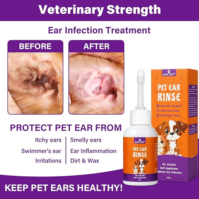 Dog Ear Rinse, Pet Ear Cleaner for Dogs and Cats, Dog Ear Drops Treats for Ear Infections and Itching, Dog & Cat Ear Cleaning Solution, Dog Ear Wash, Remove Earwax Debris Dirt Odor in Dog & Cat Ears