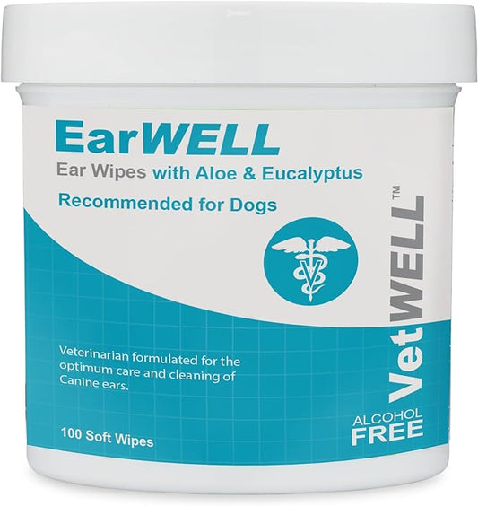 Dog Ear Wipes - Otic Cleaning Wipes for Infections and Controlling Ear Infections and Ear Odor in Pets - EarWELL by VetWELL - 100 Count