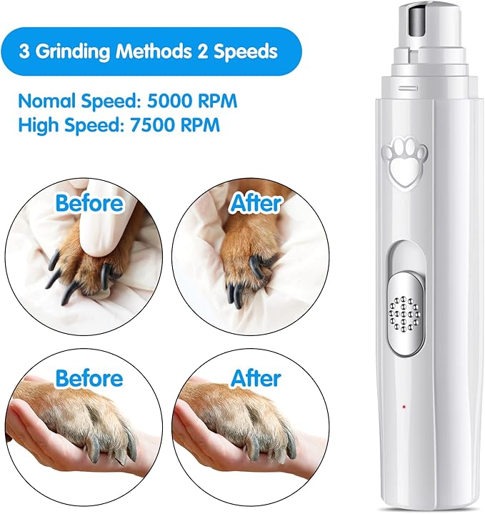 Dog Nail Grinder, 2-Speed Rechargeable Dog Nail Trimmers for Large Medium & Small Dogs, Upgrade Professional Electric Pet Paws Nail Grinder, Quiet Puppy Grooming Tool Cat Dog Nail Dremel White