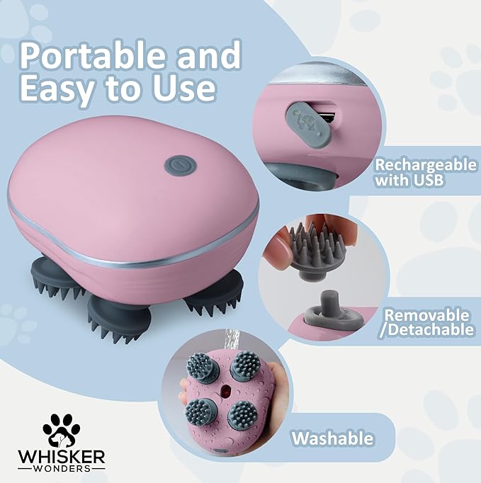 Scalp Massager Pet-Friendly Silicone Massage Brush - Soothing Head, Scalp and Body Scrubber for Pets - Cat Face Electric Sratchers - Gentle Grooming Tool for Ultimate Relaxation (Pink)
