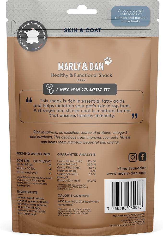 Marly & Dan Baked Salmon Jerky Snack Bar for Dogs with Sweet Potato and Coconut - Tasty Treats Dogs Love, Naturally Healthy & Functional Skin & Coat Recipe, Rich in Omega 3/6, 6 oz