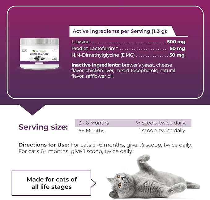 VetriScience Lysine Complete Triple Action Cat Lysine Powder with Scoop - 60 Servings - Immune Support Cat Supplements and Vitamins with L-Lysine and DMG for Immunity and Respiratory Health