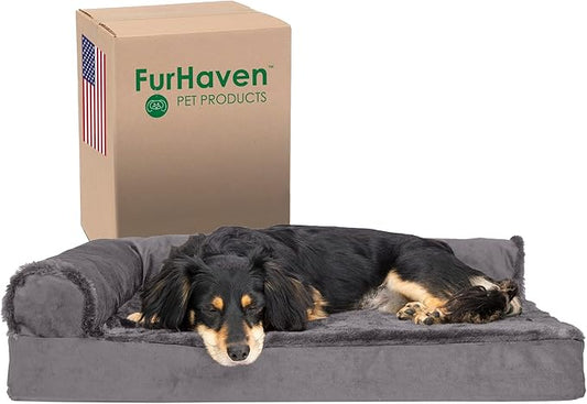 Furhaven Orthopedic Dog Bed for Medium/Small Dogs w/ Removable Bolsters & Washable Cover, For Dogs Up to 35 lbs - Plush & Velvet L Shaped Chaise - Platinum Gray, Medium