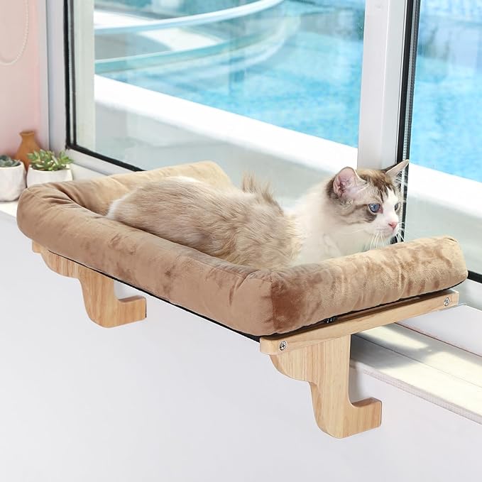 Cat Perch for Window Sill with Bolster - Orthopedic Hammock Design with Premium Hardwood & Robust Metal Frame - Cat Window Seat for Large Cats and Kittens - Nartural Color Wood with Brown Bed