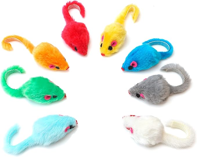 CHIWAVA 60PCS 4.1'' Furry Cat Toy Mice Rattle Small Mouse Kitten Interactive Play Assorted Color