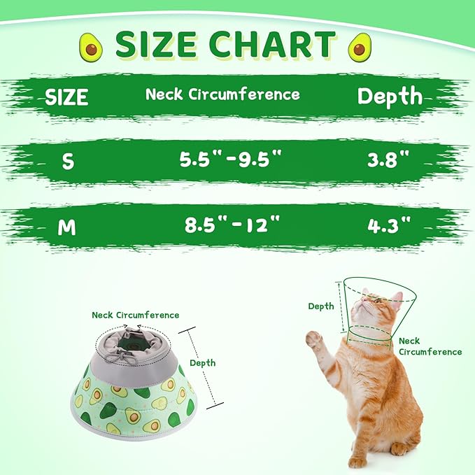 Cat Cone, Adjustable Cat Cone Collar Soft to Stop Licking, Foldable Cute Cat Cone Alternative, Water Resistant Neck Cone for Cats, Lightweight Cat Recovery E Collar for Cat Kitten（Green, M-01