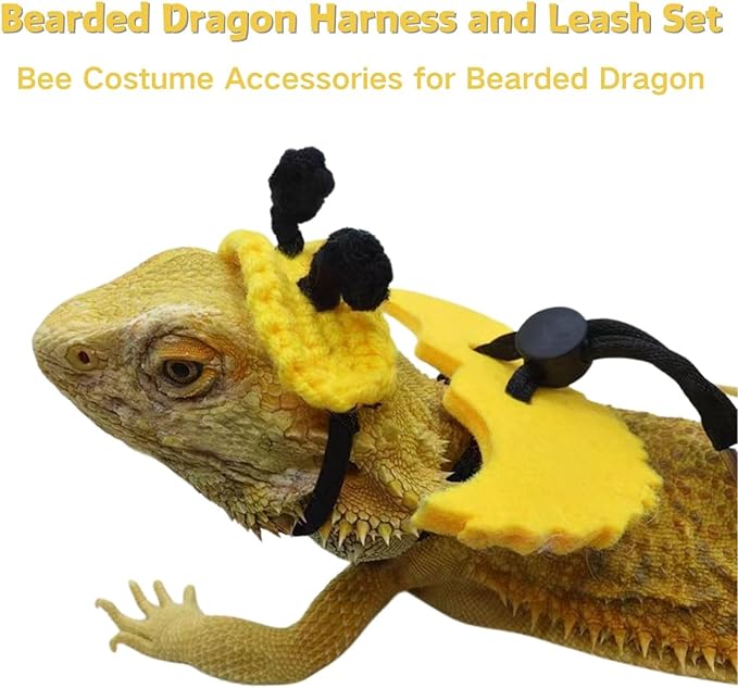 Bearded Dragon Harness and Leash Set - Adjustable Lizard Traction Rope with Wings Knitted Bee Hat Outdoor Walking Leash Escape Proof Reptile Bee Costume Accessories for Lizard Small Pets (Yellow)