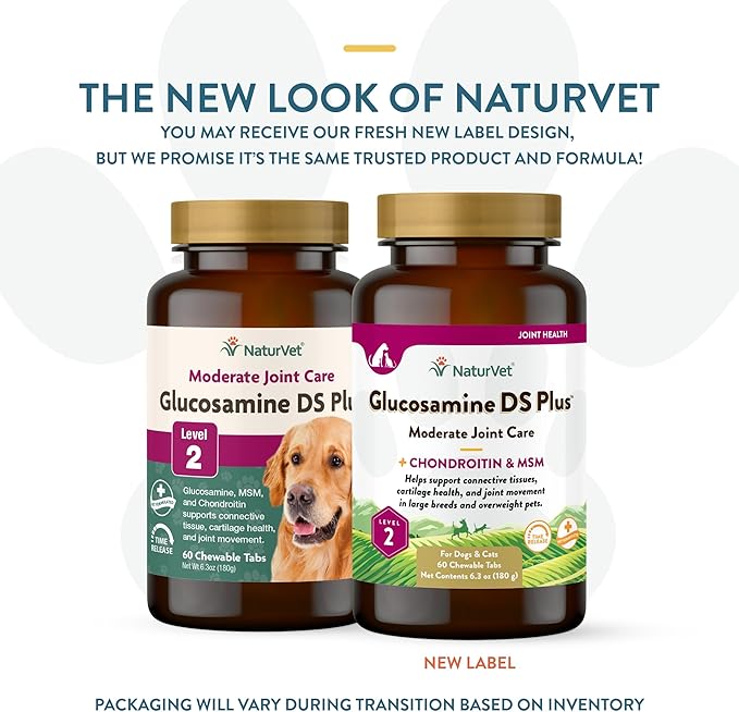 NaturVet Glucosamine DS Plus Level 2 Moderate Care Joint Support Supplement for Dogs and Cats, Chewable Tablets Time Release, Made in The USA, 60 Count