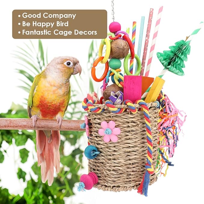 Bird Toys,Seagrass Foraging Basket Bird Toy with Colorful Crinkly Paper Wooden Blocks Paper and Bamboo Fingers Nuts DIY Honeycomb Tree for Small Parrot Birds