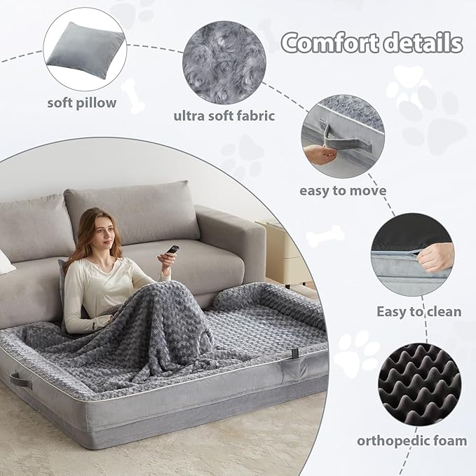 WNPETHOME Human Dog Bed for People Adults, Washable Faux Fur Nap Bed Adult Oval for People, Calming Human Size Giant Dog Bed Fits Pet Families with Storage Pocket Grey