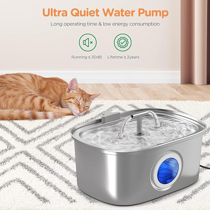 Cat Water Fountain Stainless Steel: 108oz/3.2L Automatic Pet Water Fountain - Dog Water Dispenser with Water Level Window - for Cats Inside with 8 Replacement Filters