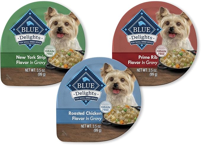 Blue Buffalo Delights Natural Adult Small Breed Wet Dog Food Cups, Pate Style, Chicken, Prime Rib and NY Strip 3.5-oz (24 Pack- 8 of Each Flavor)