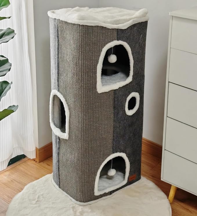 4-Level Cat House for Indoor Cats, Large Adult Cat Cave Bed Cats Cube House with Scratch Pad Cat Towers, Cute Kitten Condo Hideaway Hut with Soft Pillow Mat for Multi Pets Under 55 lbs