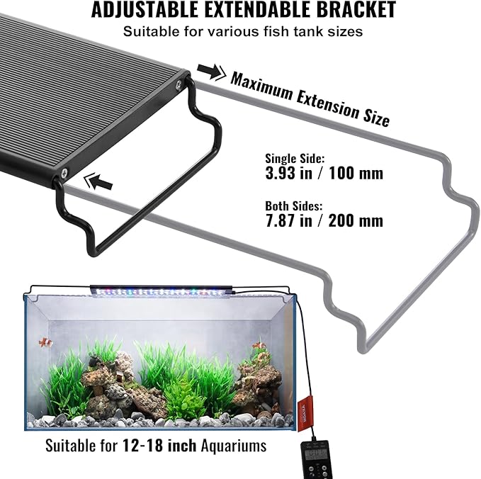 VEVOR Aquarium Light with LCD Monitor, 14W Full Spectrum Fish Tank Light with 24/7 Natural Mode, Adjustable Brightness & Timer - Aluminum Alloy Shell Extendable Brackets for 12"-18" Freshwater Tank