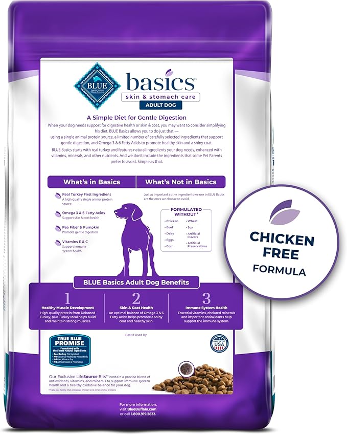 Blue Buffalo Basics Adult Grain-Free Dry Dog Food for Skin & Stomach Care, Limited Ingredient Diet, Made in the USA with Natural Ingredients, Turkey & Potato Recipe, 11-lb. Bag