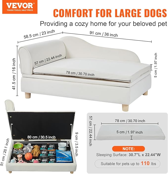 VEVOR Pet Sofa, Dog Couch for Large-Sized Dogs and Cats, Soft Velvety Dog Sofa Bed, 110 lbs Loading Cat Sofa, White