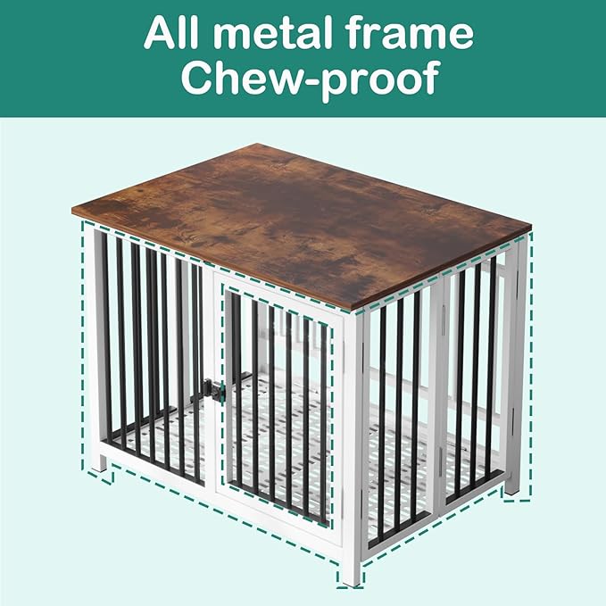 Heavy Duty Dog Crate Furniture, Fully Assembled exc. Locks, All Metal Frame & Wooden Tabletop, Modern Kennel for Small Dog, End Table, Sturdy, Foldable, White+Black/Rustic Brown