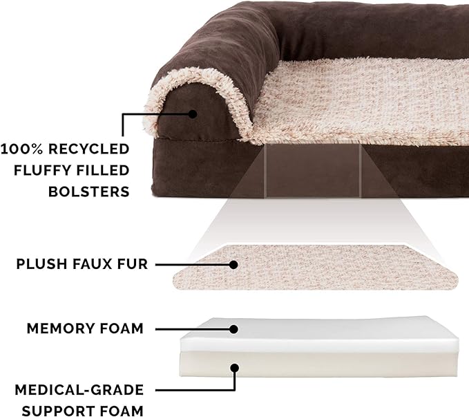 Furhaven Memory Foam Dog Bed for Large Dogs w/ Removable Bolsters & Washable Cover, For Dogs Up to 125 lbs - Two-Tone Plush Faux Fur & Suede L Shaped Chaise - Espresso, Jumbo Plus/XXL