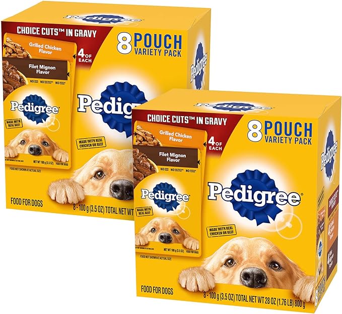 PEDIGREE CHOICE CUTS IN GRAVY Adult Soft Wet Dog Food 8-Count Variety Pack, 3.5 oz Pouches (Pack of 2)