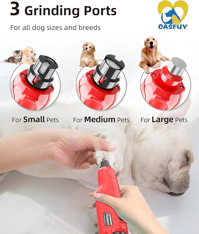 Casfuy Dog Nail Grinder Quiet - (45db) 6-Speed Pet Nail Grinder with 2 LED Lights for Large Medium Small Dogs/Cats, Professional 3 Ports Rechargeable Electric Dog Nail Trimmer with Dust Cap(Red)