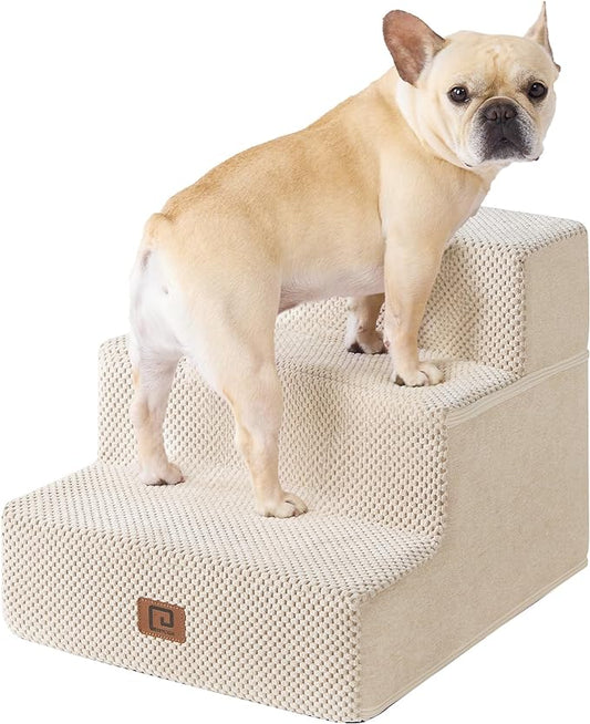 EHEYCIGA Dog Stairs for Small Dogs 13.5" H, 3-Step Dog Steps for Couch Sofa and Chair, Pet Steps for Small Dogs and Cats, Non-Slip Balanced Dog Indoor Ramp, Beige