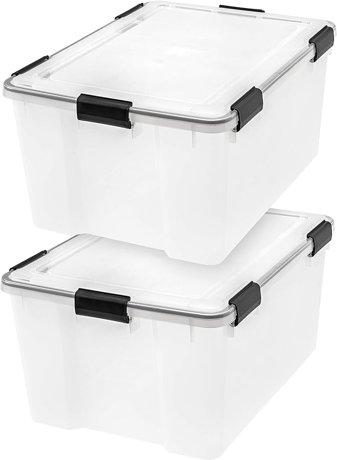 IRIS USA 63 Qt Storage Box with Gasket Seal Lid, 2 Pack - BPA-Free, Made in USA - Heavy Duty Moving Containers with Tight Latch, Weather Proof Tote Bin, WEATHERPRO - Clear/Black