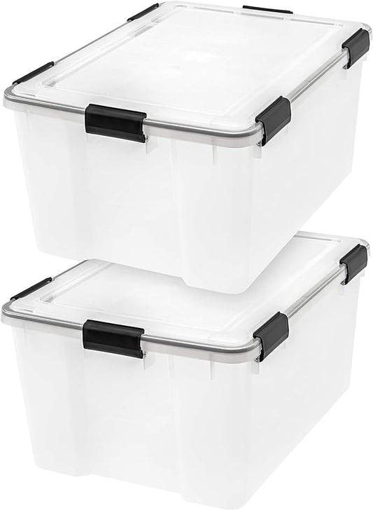 IRIS USA 63 Qt Storage Box with Gasket Seal Lid, 2 Pack - BPA-Free, Made in USA - Heavy Duty Moving Containers with Tight Latch, Weather Proof Tote Bin, WEATHERPRO - Clear/Black