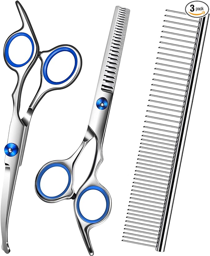 Dog Scissors for Grooming with Safety Round Tip,Dog Grooming Kit,Dog Shears Set,Incude Thinning,Curved Grooming Scissors and Comb for Pets.Suitable for The Right Hand
