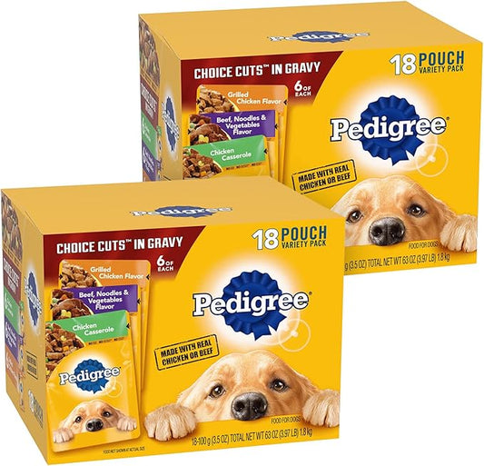 PEDIGREE CHOICE CUTS IN GRAVY Adult Soft Wet Dog Food 18-Count Variety Pack, 3.5 oz Pouches (Pack of 2)