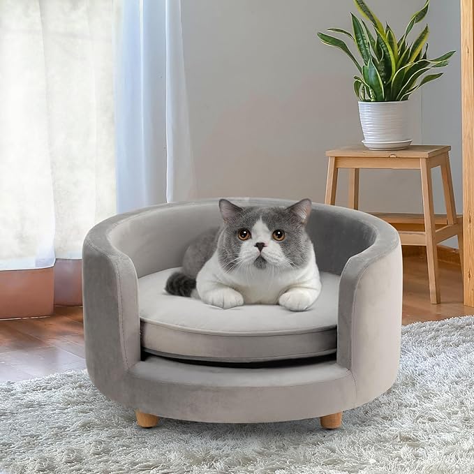 dCee Round Dog Sofa - Cat Couch, Holds up to 50 Lbs, 24 in. Soft Velvety Pet Couch for Comfort Sleep, Joint Support, Dark grey