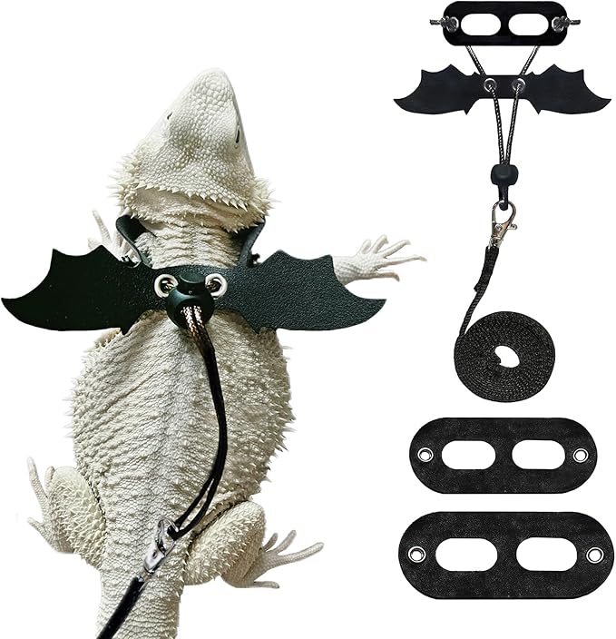 Bearded Dragon Harness and Leash Set with Black Wing, Adjustable Soft Leather-3 Sizes (S, M, L), Upgrade Lizard Reptile Leash Harness for Small Pet Animals