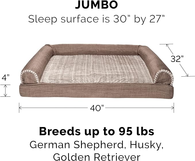 Furhaven Memory Foam Dog Bed for Large Dogs w/ Removable Bolsters & Washable Cover, For Dogs Up to 95 lbs - Luxe Faux Fur & Performance Linen Sofa - Woodsmoke, Jumbo/XL, 40.0"L x 32.0"W x 8.0"Th